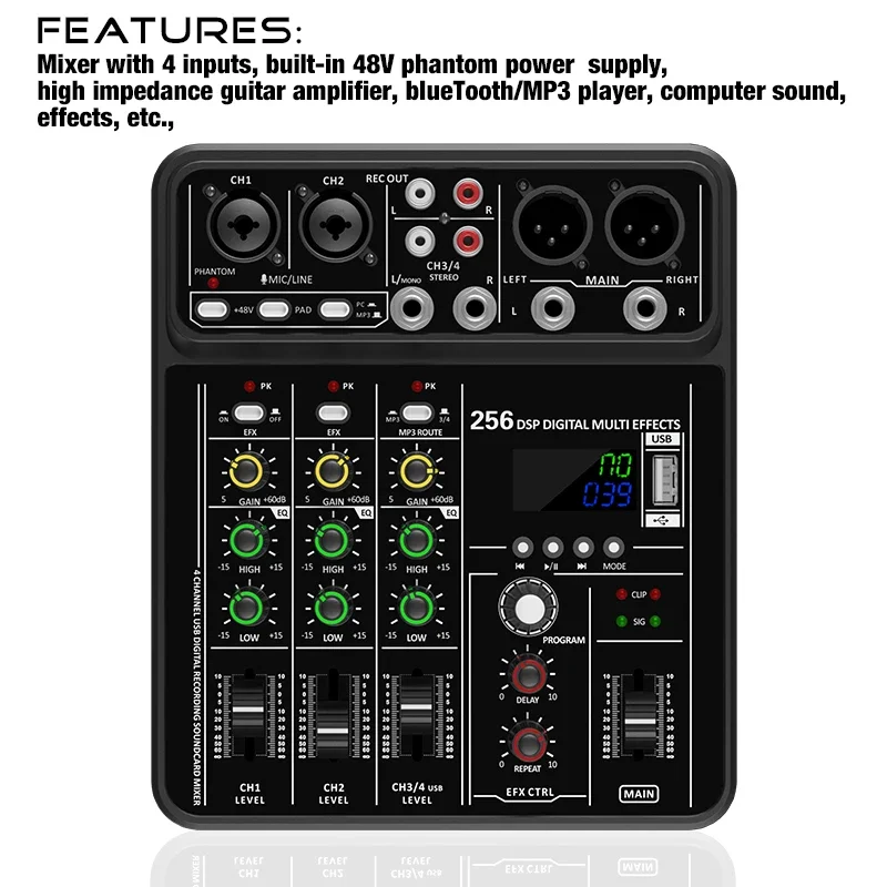 Audio Mixer 4 Channel - Аудиомикшер с Bluetooth, USB-записью, фантомным питанием
